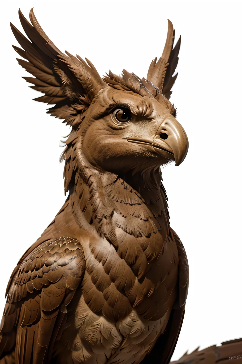 make art of the mystical creature Griffin, in which the creature is facing forward with its face turned slightly to the left side. The Griffin also has a brownish color and is present in a scene with a completely white background., sem outra cor ou gradiente envolvido na cena.