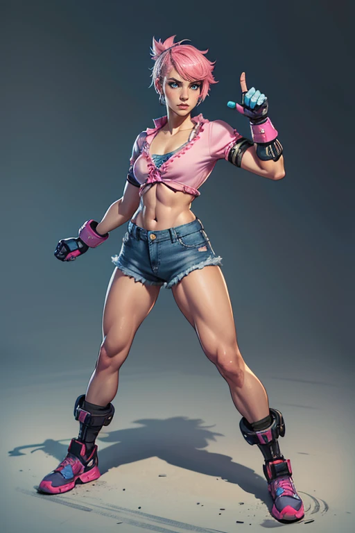 detailed and colorful sketch, realistic contour style, full body drawing, Tekken-style character, beautiful girl, fighter's physique, girl with British features, light blue eyes, short pink hair with dark roots, wearing a casual blouse and denim shorts, with punk gloves, robotic prosthetic left arm