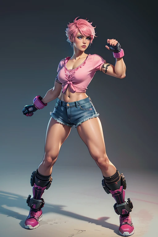 detailed and colorful sketch, realistic contour style, full body drawing, Tekken-style character, beautiful girl, fighter's physique, girl with British features, light blue eyes, short pink hair with dark roots, wearing a casual blouse and denim shorts, with punk gloves, robotic prosthetic left arm