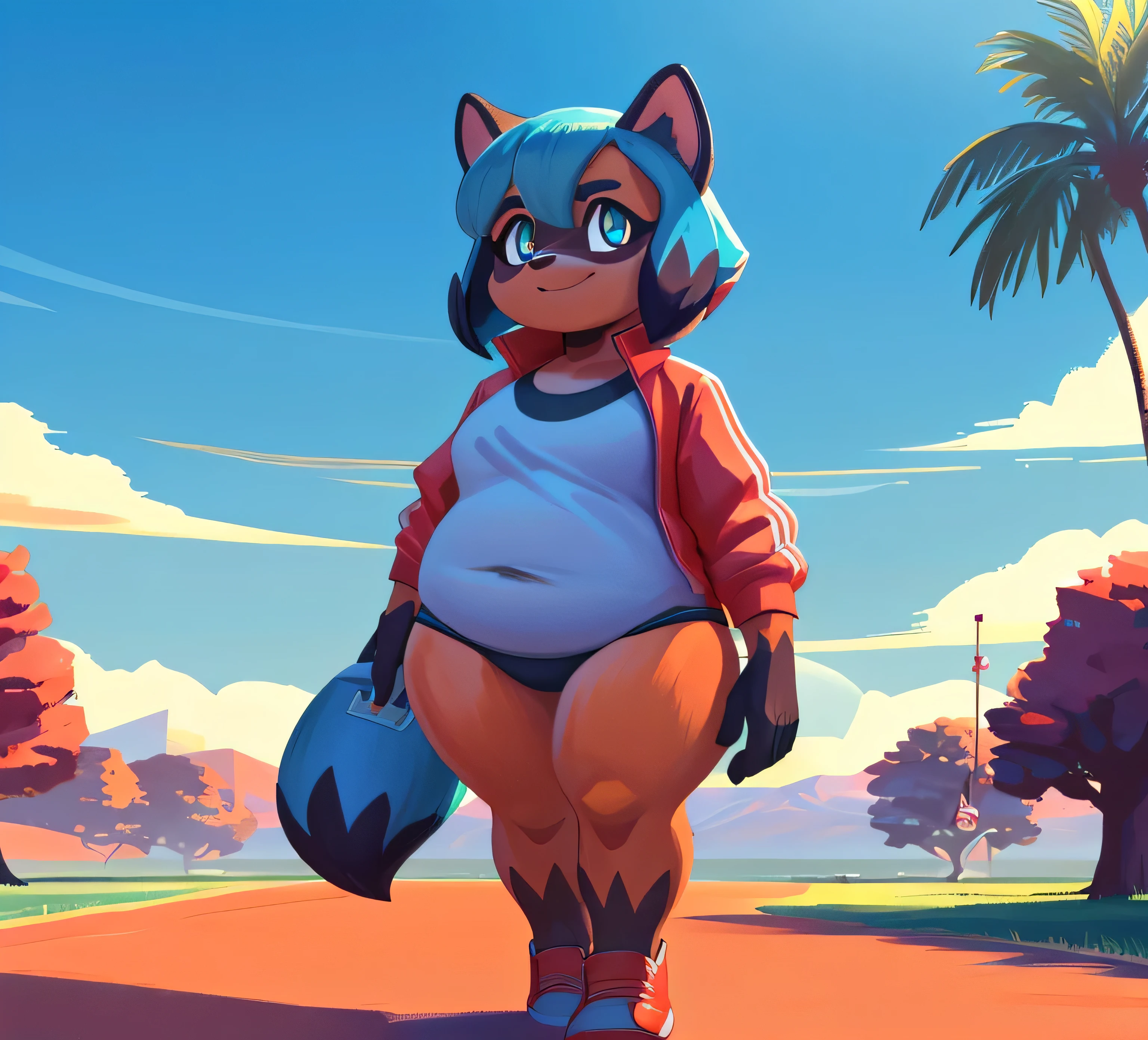 [michiru kagemori], [Carregado para e621.liquid; (Pixelsketcher), (wamudraws)], ((Obra de arte)), ((High definition)), ((high resolution)), ((retrato solo)), ((corpo todo)), ((vista frontal)), ((visible feet)), ((peludo; antropo)), ((pele detalhada)), ((sombreamento detalhado)), ((beautiful rendering art)), ((detalhes intrincados)), {antropo raccoon girl; pelo marrom, nariz preto, (beautiful teal eyes), (short eyelashes), (cauda azul fofa), (cabelo azul curto), (cabelo em dois tons), (pontas pretas no cabelo), (curvy hips), (Lindas pernas), (rubor), (lindo sorriso animado)}, {(camiseta cinza), (umbigo), (jaqueta vermelha), (short jogger azul com forro verde), (WHITE AND RED SNEAKERS)}, {(Agachado), (olhando para o espectador)}, [Fundo; (Parque), (trees), (caminho batido), (clouds in the sky), (blue sky), (raios solares), (Ambient lighting)], very fat, big , fat massive thighs, saluting to viewer
