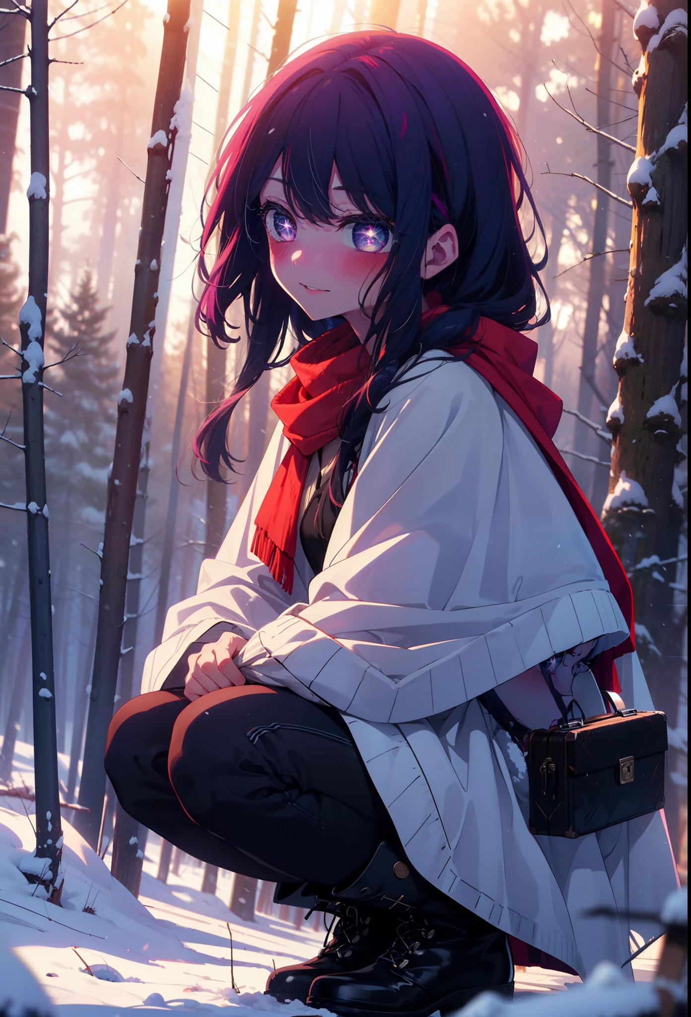 aihoshino, Ai Hoshino, Long Hair, bangs, (Purple eyes:1.1), Purple Hair, (Symbol-shaped pupil:1.5), smile,,smile,blush,White Breath,
Open your mouth,snow,Ground bonfire, Outdoor, boots, snowing, From the side, wood, suitcase, Cape, Blurred, , forest, White handbag, nature,  Squat, Mouth closed, Cape, winter, Written boundary depth, Black shoes, red Cape break looking at viewer, Upper Body, whole body, break Outdoor, forest, nature, break (masterpiece:1.2), highest quality, High resolution, unity 8k wallpaper, (shape:0.8), (Beautiful and beautiful eyes:1.6), Highly detailed face, Perfect lighting, Highly detailed CG, (Perfect hands, Perfect Anatomy),