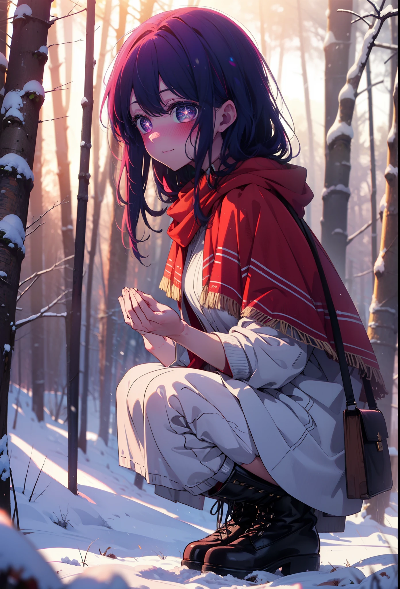 aihoshino, Ai Hoshino, Long Hair, bangs, (Purple eyes:1.1), Purple Hair, (Symbol-shaped pupil:1.5), smile,,smile,blush,White Breath,
Open your mouth,snow,Ground bonfire, Outdoor, boots, snowing, From the side, wood, suitcase, Cape, Blurred, , forest, White handbag, nature,  Squat, Mouth closed, Cape, winter, Written boundary depth, Black shoes, red Cape break looking at viewer, Upper Body, whole body, break Outdoor, forest, nature, break (masterpiece:1.2), highest quality, High resolution, unity 8k wallpaper, (shape:0.8), (Beautiful and beautiful eyes:1.6), Highly detailed face, Perfect lighting, Highly detailed CG, (Perfect hands, Perfect Anatomy),