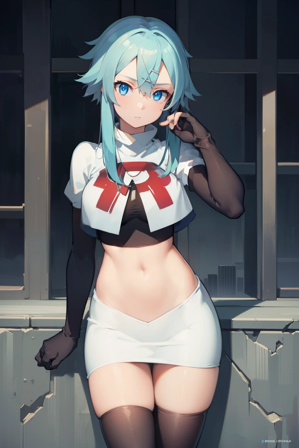 masterpiece, best quality, highres, 1girl, sinon1, hair ornament, hairclip, team rocket,team rocket uniform,white skirt,red letter R,crop top,black thigh-highs,black elbow gloves, BREAK (masterpiece:1.2), best quality, high resolution, unity 8k wallpaper, (illustration:0.8), (beautiful detailed eyes:1.6), extremely detailed face, perfect lighting, extremely detailed CG, (perfect hands, perfect anatomy)