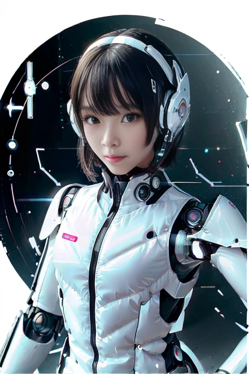 A girl in a futuristic bright white heavily armored robot suit takes a photo、perfect android girl, Female cyborg body, Perfect anime cyborg woman, Beautiful female android!, Female Robot, completely robot!! girl, Cute cyborg girl, Cyber Suit, Girl wearing mecha cybernetic armor, Cyber Suit, beutiful white girl cyborg, Beautiful female android, Beautiful girl cyborg、Cute cyborg girl with short bob hair、Beautiful android sculpture model、(Laughter)、((Rounded, white, sturdy armor))、(((Equipped with long sensor antennas on both ears)))、(((Robot Girl)))、(((Android girls)))、