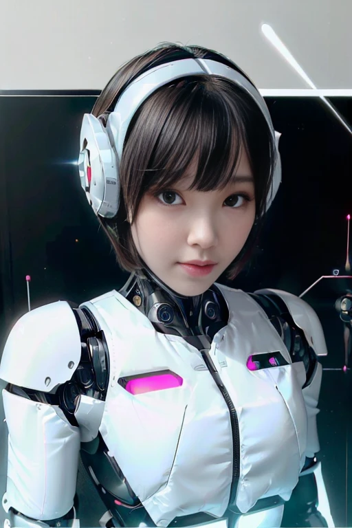 A girl in a futuristic bright white heavily armored robot suit takes a photo、perfect android girl, Female cyborg body, Perfect anime cyborg woman, Beautiful female android!, Female Robot, completely robot!! girl, Cute cyborg girl, Cyber Suit, Girl wearing mecha cybernetic armor, Cyber Suit, beutiful white girl cyborg, Beautiful female android, Beautiful girl cyborg、Cute cyborg girl with short bob hair、Beautiful android sculpture model、(Laughter)、((Rounded, white, sturdy armor))、(((Equipped with long sensor antennas on both ears)))、(((Robot Girl)))、(((Android girls)))、