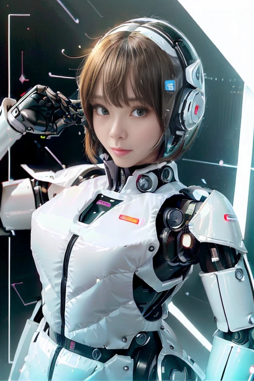 A girl in a futuristic bright white heavily armored robot suit takes a photo、perfect android girl, Female cyborg body, Perfect anime cyborg woman, Beautiful female android!, Female Robot, completely robot!! girl, Cute cyborg girl, Cyber Suit, Girl wearing mecha cybernetic armor, Cyber Suit, beutiful white girl cyborg, Beautiful female android, Beautiful girl cyborg、Cute cyborg girl with short bob hair、Beautiful android sculpture model、(Laughter)、((Rounded, white, sturdy armor))、(((Equipped with long sensor antennas on both ears)))、(((Robot Girl)))、(((Android girls)))、