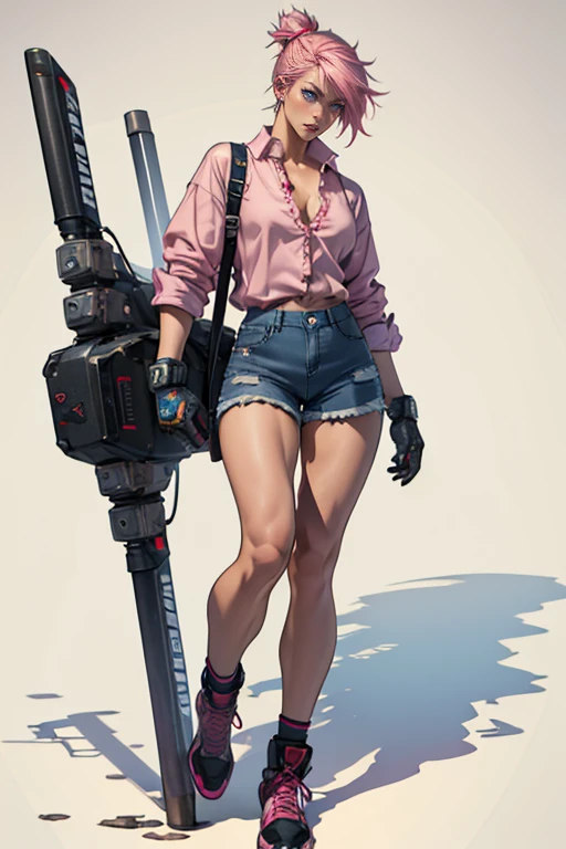 detailed and colorful sketch, realistic contour style, full body drawing, Tekken-style character, beautiful girl, fighter's physique, girl with British features, light blue eyes, short pink hair with dark roots, wearing a casual blouse and denim shorts, with punk gloves, robotic prosthetic left arm
