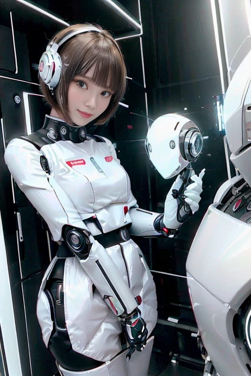 A girl in a futuristic bright white heavily armored robot suit takes a photo、perfect android girl, Female cyborg body, Perfect anime cyborg woman, Beautiful female android!, Female Robot, completely robot!! girl, Cute cyborg girl, Cyber Suit, Girl wearing mecha cybernetic armor, Cyber Suit, beutiful white girl cyborg, Beautiful female android, Beautiful girl cyborg、Cute cyborg girl with short bob hair、Beautiful android sculpture model、(Laughter)、((Rounded, white, sturdy armor))、(((Equipped with long sensor antennas on both ears)))、(((Robot Girl)))、(((Android girls)))、