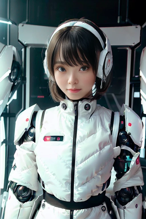A girl in a futuristic bright white heavily armored robot suit takes a photo、perfect android girl, Female cyborg body, Perfect anime cyborg woman, Beautiful female android!, Female Robot, completely robot!! girl, Cute cyborg girl, Cyber Suit, Girl wearing mecha cybernetic armor, Cyber Suit, beutiful white girl cyborg, Beautiful female android, Beautiful girl cyborg、Cute cyborg girl with short bob hair、Beautiful android sculpture model、(Laughter)、((Rounded, white, sturdy armor))、(((Equipped with long sensor antennas on both ears)))、(((Robot Girl)))、(((Android girls)))、