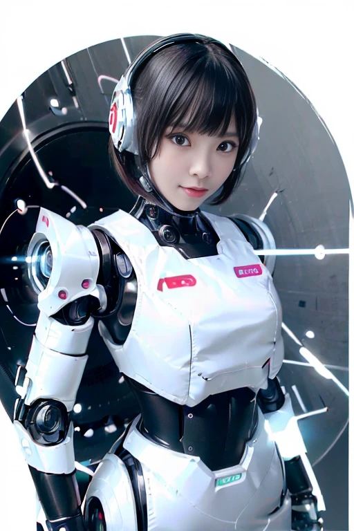 A girl in a futuristic bright white heavily armored robot suit takes a photo、perfect android girl, Female cyborg body, Perfect anime cyborg woman, Beautiful female android!, Female Robot, completely robot!! girl, Cute cyborg girl, Cyber Suit, Girl wearing mecha cybernetic armor, Cyber Suit, beutiful white girl cyborg, Beautiful female android, Beautiful girl cyborg、Cute cyborg girl with short bob hair、Beautiful android sculpture model、(Laughter)、((Rounded, white, sturdy armor))、(((Equipped with long sensor antennas on both ears)))、(((Robot Girl)))、(((Android girls)))、