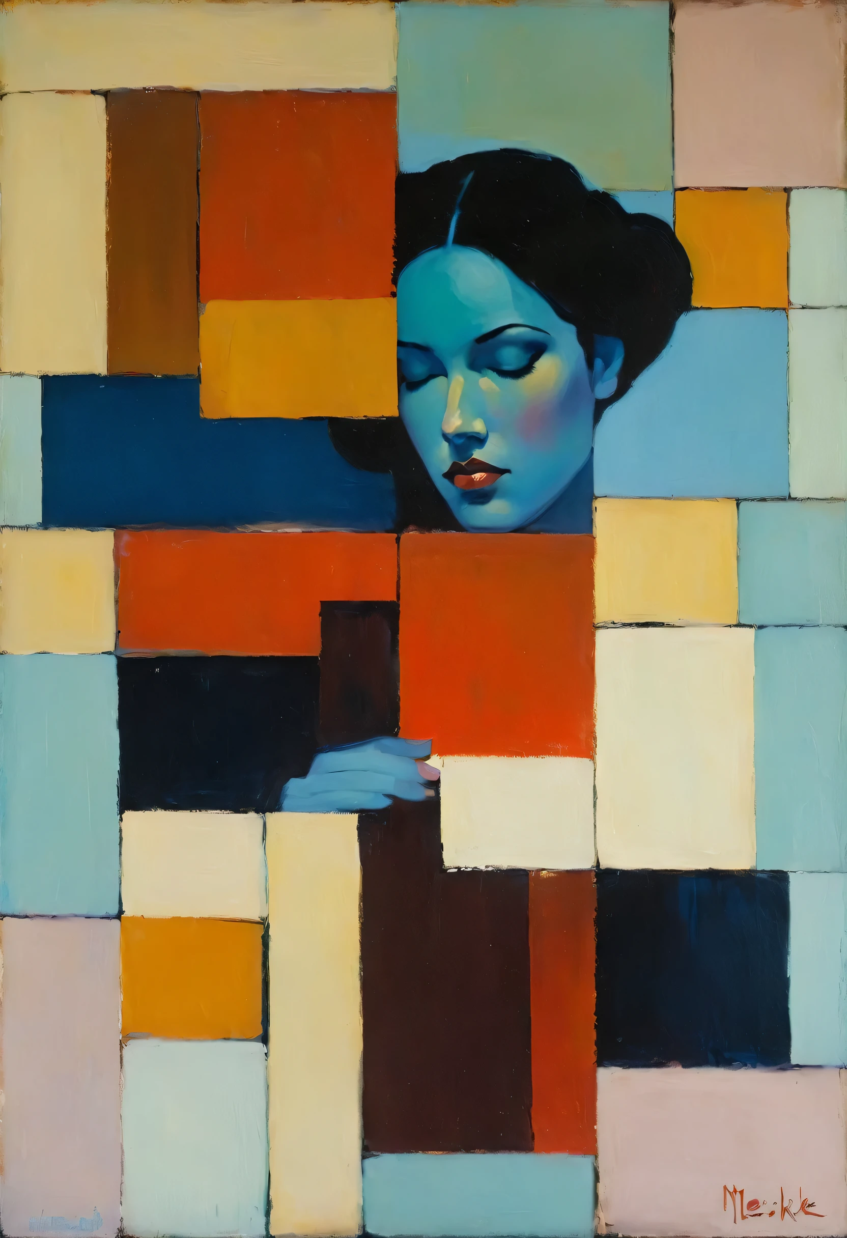 Create an evocative oil painting inspired by Malcolm Liepke, Capture the man's introspective expression and refined mood using thick, expressive brushstrokes. Infuse the painting with a warm, muted color palette, incorporating earthy tones and deep blues. Highlight the dramatic interplay of light and shadow, casting a soft, golden glow from the window. Emphasize the tactile quality of the oil paint and maintain a simple, textured background that complements the subject's contemplative presence. Blurry effect