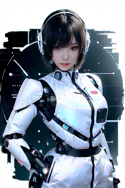 A girl in a futuristic bright white heavily armored robot suit takes a photo、perfect android girl, Female cyborg body, Perfect anime cyborg woman, Beautiful female android!, Female Robot, completely robot!! girl, Cute cyborg girl, Cyber Suit, Girl wearing mecha cybernetic armor, Cyber Suit, beutiful white girl cyborg, Beautiful female android, Beautiful girl cyborg、Cute cyborg girl with short bob hair、Beautiful android sculpture model、(Laughter)、((Rounded, white, sturdy armor))、(((Equipped with long sensor antennas on both ears)))、(((Robot Girl)))、(((Android girls)))、
