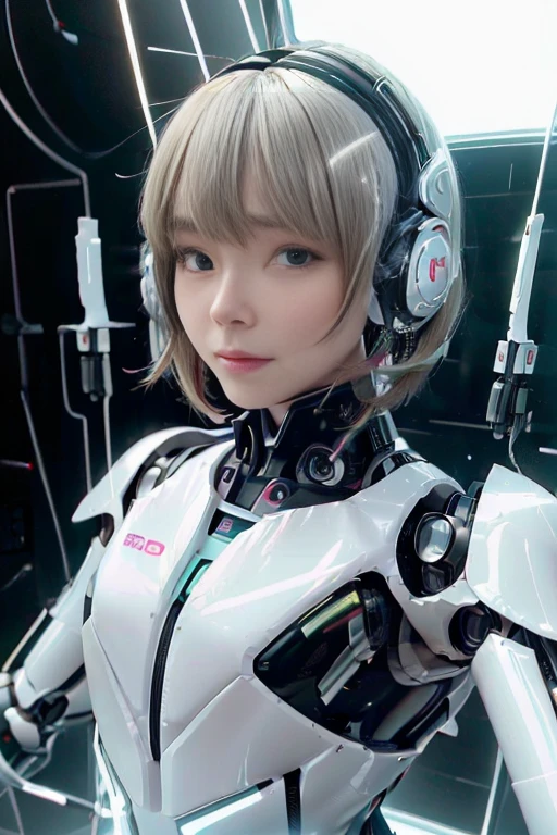 A girl in a futuristic bright white heavily armored robot suit takes a photo、perfect android girl, Female cyborg body, Perfect anime cyborg woman, Beautiful female android!, Female Robot, completely robot!! girl, Cute cyborg girl, Cyber Suit, Girl wearing mecha cybernetic armor, Cyber Suit, beutiful white girl cyborg, Beautiful female android, Beautiful girl cyborg、Cute cyborg girl with short bob hair、Beautiful android sculpture model、(Laughter)、((Rounded, white, sturdy armor))、(((Equipped with long sensor antennas on both ears)))、(((Robot Girl)))、(((Android girls)))、