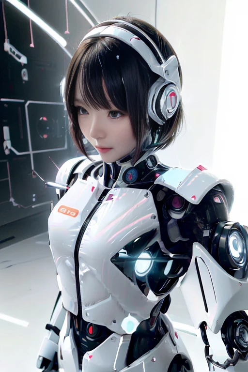 A girl in a futuristic bright white heavily armored robot suit takes a photo、perfect android girl, Female cyborg body, Perfect anime cyborg woman, Beautiful female android!, Female Robot, completely robot!! girl, Cute cyborg girl, Cyber Suit, Girl wearing mecha cybernetic armor, Cyber Suit, beutiful white girl cyborg, Beautiful female android, Beautiful girl cyborg、Cute cyborg girl with short bob hair、Beautiful android sculpture model、(Laughter)、((Rounded, white, sturdy armor))、(((Equipped with long sensor antennas on both ears)))、(((Robot Girl)))、(((Android girls)))、