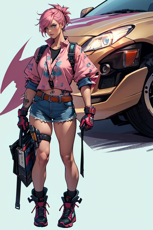 detailed and colorful sketch, realistic contour style, full body drawing, Tekken-style character, beautiful girl, fighter's physique, girl with British features, light blue eyes, short pink hair with dark roots, wearing a casual blouse and denim shorts, with punk gloves, robotic prosthetic left arm