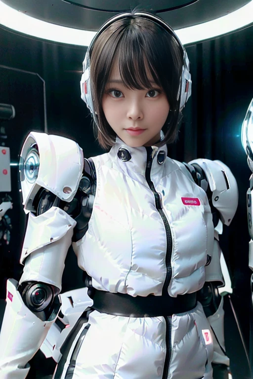 A girl in a futuristic bright white heavily armored robot suit takes a photo、perfect android girl, Female cyborg body, Perfect anime cyborg woman, Beautiful female android!, Female Robot, completely robot!! girl, Cute cyborg girl, Cyber Suit, Girl wearing mecha cybernetic armor, Cyber Suit, beutiful white girl cyborg, Beautiful female android, Beautiful girl cyborg、Cute cyborg girl with short bob hair、Beautiful android sculpture model、(Laughter)、((Rounded, white, sturdy armor))、(((Equipped with long sensor antennas on both ears)))、(((Robot Girl)))、(((Android girls)))、