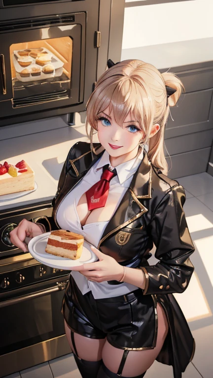 (dynamic angle:1.3, front view:1.1, breast focus:1.3, from above:1.1), (dynamic posing:1.2, sexy posing:1.2), (seductive smiling:1.3), ((looking at cake,Taking a cake out of the golden oven, worried about the outcome:1.2)),highest quality、(real、photorealistic:1.4),(ultra high resolution, 8K RAW photo, clear focus), best qualtiy, natural lighting, field depth, (Bright pupils, detailed beautiful eyes, high detailed face), Red lip, (tight focus:1.2), a girl 22yo old, Wearing a pastry chef uniform:1.3 , Thicc, thin breast, long hair, blue eyes,garter stocking, cleavage:1.2, midriff, black shorts, black thighhighs, thigh strap, pretty girl, (highly detailed beautiful face and eyes,firm breasts),real skin,((black,hair,long pony tail hair)),thin pubic hair,cute,lovely, detailed eyes,(double breasted:1.0,under bust:1.0),(with sparkling eyes and a contagious smile),open mouth, Looking at Viewer,A scene of cooking in the kitchen,looking at the golden oven

