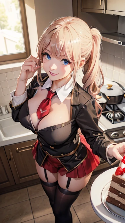 (dynamic angle:1.3, front view:1.1, breast focus:1.3, from above:1.1), (dynamic posing:1.2, sexy posing:1.2), (seductive smiling:1.3), ((looking at cake,Taking a cake out of the golden oven, worried about the outcome:1.2)),highest quality、(real、photorealistic:1.4),(ultra high resolution, 8K RAW photo, clear focus), best qualtiy, natural lighting, field depth, (Bright pupils, detailed beautiful eyes, high detailed face), Red lip, (tight focus:1.2), a girl 22yo old, Wearing a pastry chef uniform:1.3 , Thicc, thin breast, long hair, blue eyes,garter stocking, cleavage:1.2, midriff, black shorts, black thighhighs, thigh strap, pretty girl, (highly detailed beautiful face and eyes,firm breasts),real skin,((black,hair,long pony tail hair)),thin pubic hair,cute,lovely, detailed eyes,(double breasted:1.0,under bust:1.0),(with sparkling eyes and a contagious smile),open mouth, Looking at Viewer,A scene of cooking in the kitchen,looking at the golden oven