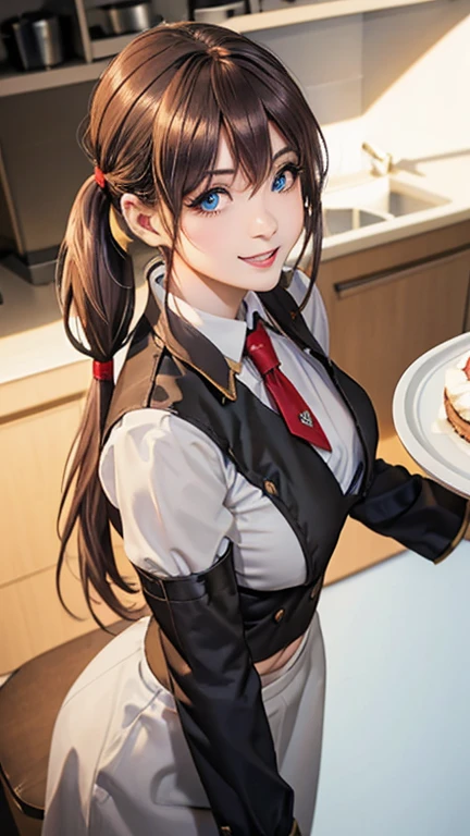 (dynamic angle:1.3, front view:1.1, breast focus:1.3, from above:1.1), (dynamic posing:1.2, sexy posing:1.2), (seductive smiling:1.3), ((looking at cake,Taking a cake out of the golden oven, worried about the outcome:1.2)),highest quality、(real、photorealistic:1.4),(ultra high resolution, 8K RAW photo, clear focus), best qualtiy, natural lighting, field depth, (Bright pupils, detailed beautiful eyes, high detailed face), Red lip, (tight focus:1.2), a girl 22yo old, Wearing a pastry chef uniform:1.3 , Thicc, thin breast, long hair, blue eyes,garter stocking, cleavage:1.2, midriff, black shorts, black thighhighs, thigh strap, pretty girl, (highly detailed beautiful face and eyes,firm breasts),real skin,((black,hair,long pony tail hair)),thin pubic hair,cute,lovely, detailed eyes,(double breasted:1.0,under bust:1.0),(with sparkling eyes and a contagious smile),open mouth, Looking at Viewer,A scene of cooking in the kitchen,looking at the golden oven
