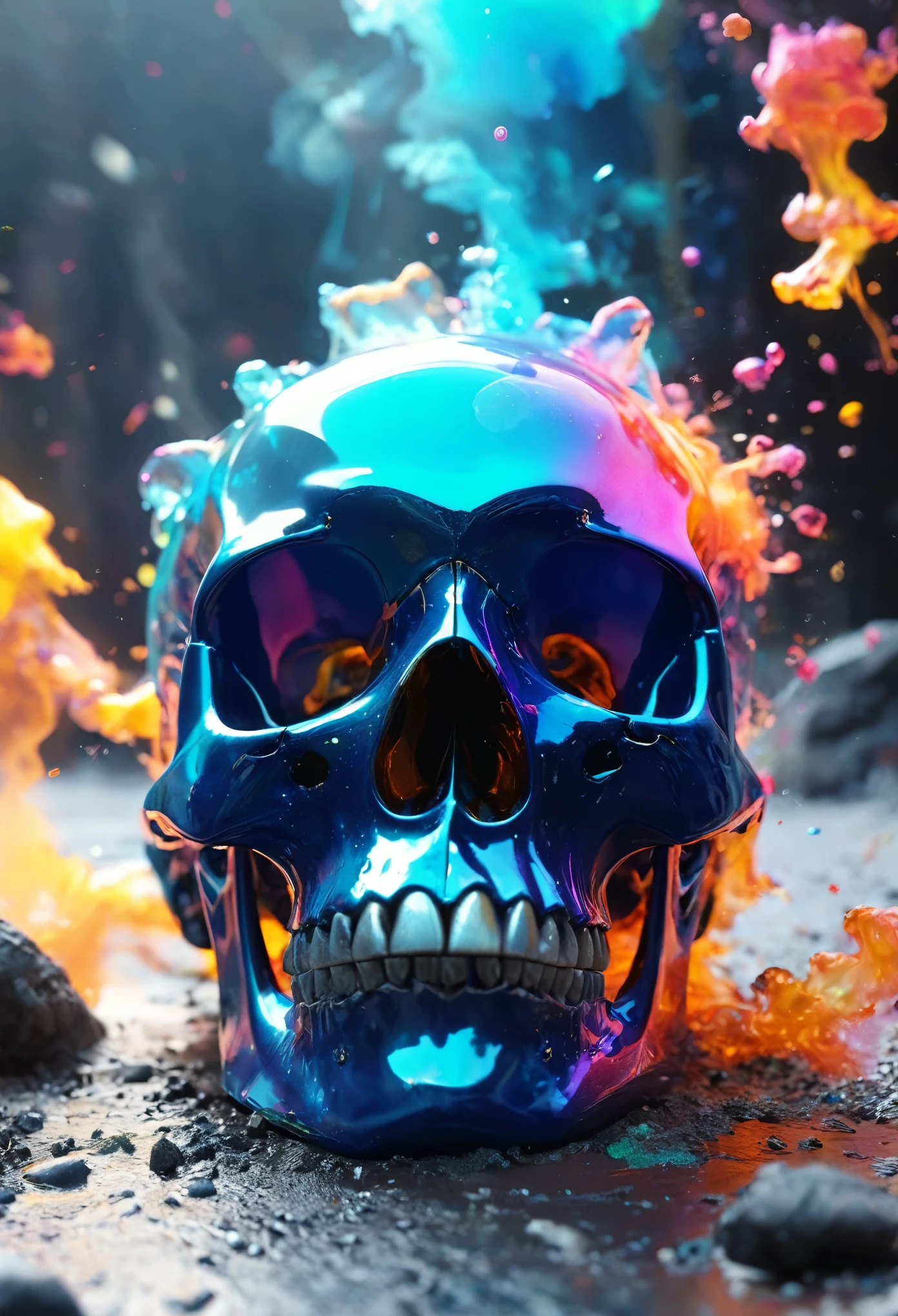 A realistic colored glass skull, beautiful and detailed. Which explodes when falling to the ground, the projections are textured like colorful dust