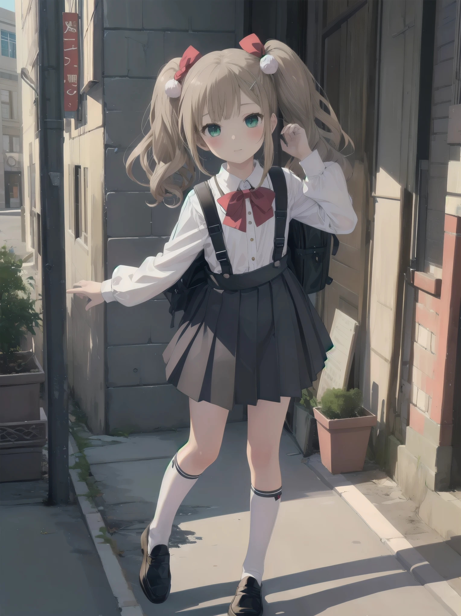 1girl,best quality,ultra-detailed,high resolution,(photorealistic, realistic, photo-realistic:1.2),(9 yo,flat chest),bangs,(smile:0.3),,shigure ui (vtuber),aged down,,backpack,bag,bangs,black dress,black footwear,blush,pom pom hair ornament,collared shirt,green eyes,kneehighs,light brown hair,loafers,long sleeves,pinafore dress,pleated dress,randoseru,red bow,,sleeveless dress,twintails,white legwear,white shirt,anime