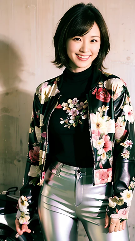 ((highest quality)), ((masterpiece)), ((Perfect Face)), (Detailed displacement motorcycle), Detailed and clear photos, ((Motorcycle Women)), Slender body, (Floral riding jacket and leather pants), smile, short hair、A face that resembles actress Mei Nagano、