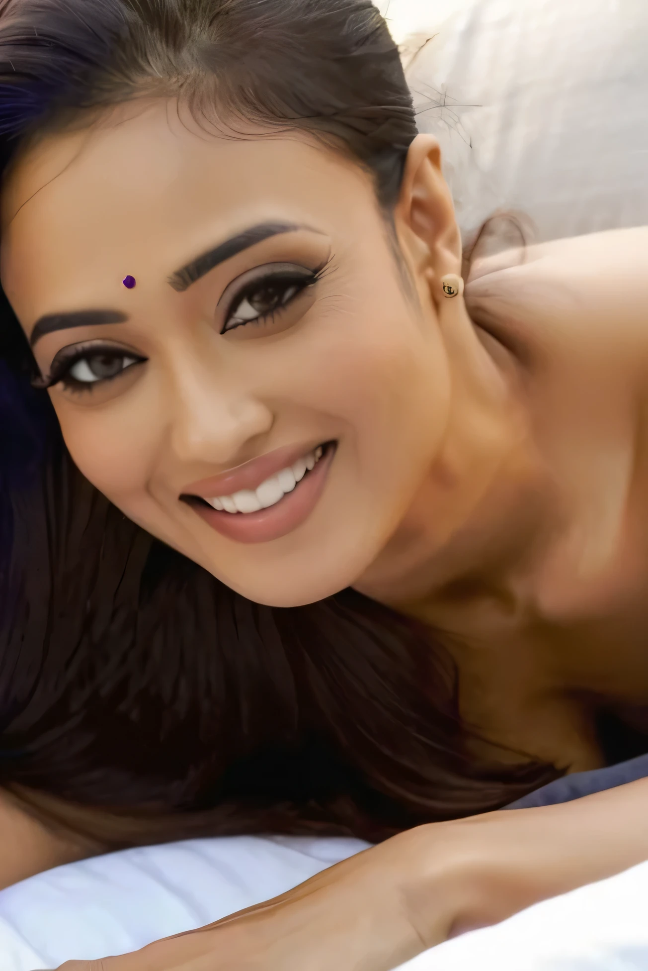 ultrarealistic close up photo of a thin woman, Shweta Tiwari, outdoors, realistic skin texture, smiling, looking looking at camera, (kurta, Jeans:1.2), smiling, night time beautiful fully nude and legs wide spread in bed nude