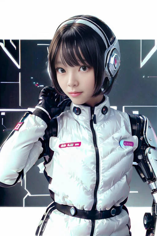 A girl in a futuristic bright white heavily armored robot suit takes a photo、perfect android girl, Female cyborg body, Perfect anime cyborg woman, Beautiful female android!, Female Robot, completely robot!! girl, Cute cyborg girl, Cyber Suit, Girl wearing mecha cybernetic armor, Cyber Suit, beutiful white girl cyborg, Beautiful female android, Beautiful girl cyborg、Cute cyborg girl with short bob hair、Beautiful android sculpture model、(Laughter)、((Rounded, white, sturdy armor))、(((Equipped with long sensor antennas on both ears)))、(((Robot Girl)))、(((Android girls)))、
