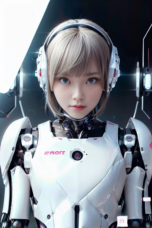 A girl in a futuristic bright white heavily armored robot suit takes a photo、perfect android girl, Female cyborg body, Perfect anime cyborg woman, Beautiful female android!, Female Robot, completely robot!! girl, Cute cyborg girl, Cyber Suit, Girl wearing mecha cybernetic armor, Cyber Suit, beutiful white girl cyborg, Beautiful female android, Beautiful girl cyborg、Cute cyborg girl with short bob hair、Beautiful android sculpture model、(Laughter)、((Rounded, white, sturdy armor))、(((Equipped with long sensor antennas on both ears)))、(((Robot Girl)))、(((Android girls)))、