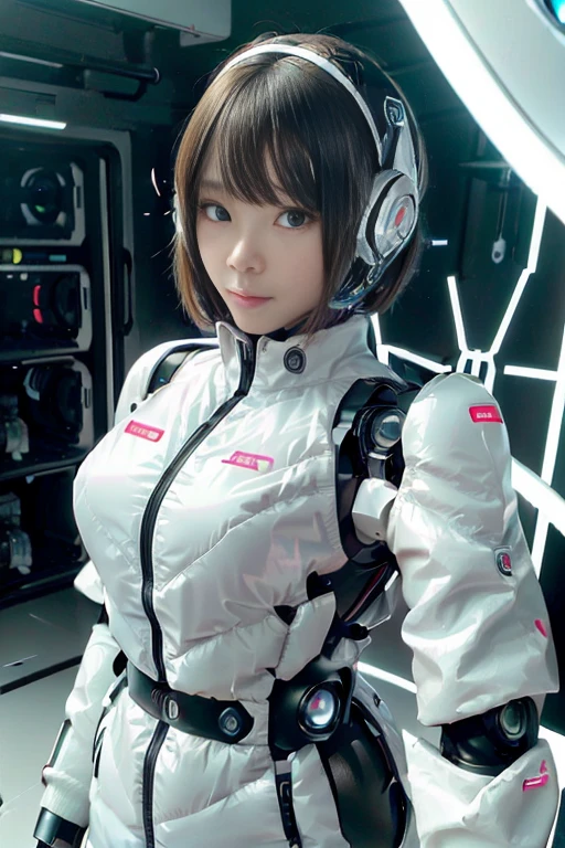 A girl in a futuristic bright white heavily armored robot suit takes a photo、perfect android girl, Female cyborg body, Perfect anime cyborg woman, Beautiful female android!, Female Robot, completely robot!! girl, Cute cyborg girl, Cyber Suit, Girl wearing mecha cybernetic armor, Cyber Suit, beutiful white girl cyborg, Beautiful female android, Beautiful girl cyborg、Cute cyborg girl with short bob hair、Beautiful android sculpture model、(Laughter)、((Rounded, white, sturdy armor))、(((Equipped with long sensor antennas on both ears)))、(((Robot Girl)))、(((Android girls)))、