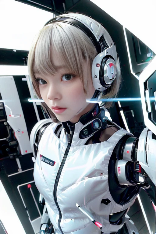 A girl in a futuristic bright white heavily armored robot suit takes a photo、perfect android girl, Female cyborg body, Perfect anime cyborg woman, Beautiful female android!, Female Robot, completely robot!! girl, Cute cyborg girl, Cyber Suit, Girl wearing mecha cybernetic armor, Cyber Suit, beutiful white girl cyborg, Beautiful female android, Beautiful girl cyborg、Cute cyborg girl with short bob hair、Beautiful android sculpture model、(Laughter)、((Rounded, white, sturdy armor))、(((Equipped with long sensor antennas on both ears)))、(((Robot Girl)))、(((Android girls)))、