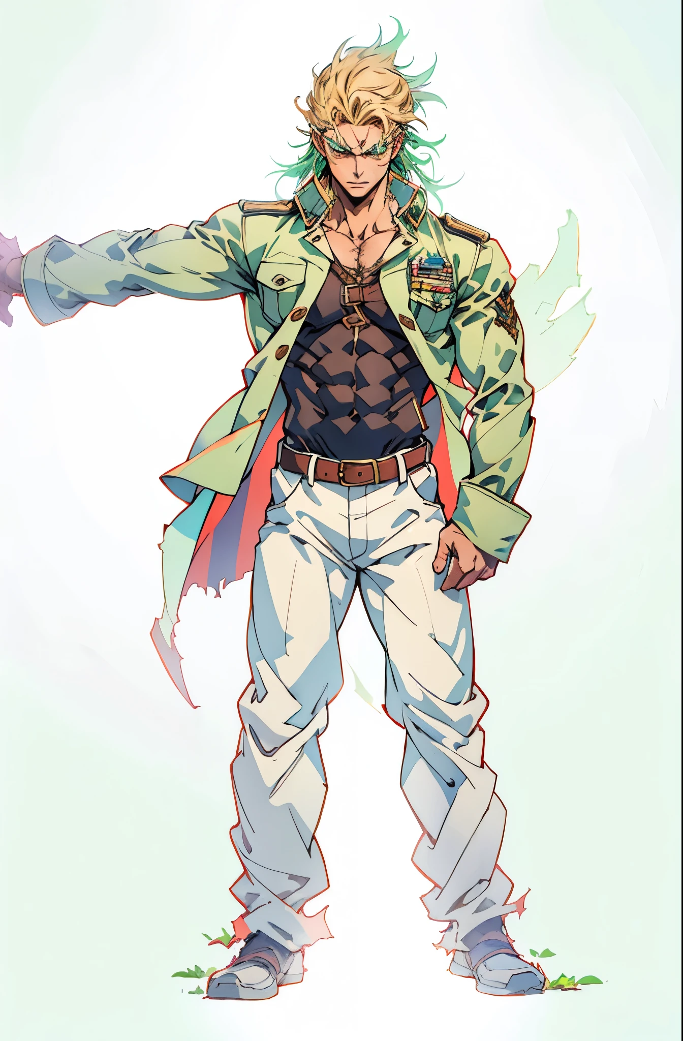 A man with brown disheveled and bristling hair, sharp eyes, a dignified expression, two green war marks on his face, a fantasy-style tattered brown coat with one sleeve torn, a black sleeveless undershirt, a red cloth belt around his waist, light-colored trousers, thick cloth shoes, a strong aura surrounds him, stands in a fantastical canyon cave, this character embodies a finely crafted fantasy-style practitioner in anime style, exquisite and mature manga art style, dramatic, high definition, best quality, highres, ultra-detailed, ultra-fine painting, extremely delicate, professional, perfect body proportions, golden ratio, anatomically correct, symmetrical face, extremely detailed eyes and face, high quality eyes, creativity, RAW photo, UHD, 32k, Natural light, cinematic lighting, masterpiece-anatomy-perfect, masterpiece:1.5