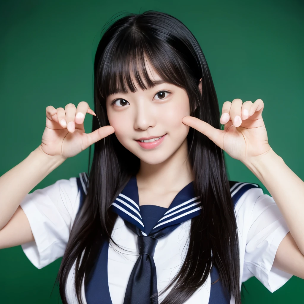 女の子1 person, alone, highest quality, 8k, Japanese women photos, 17 years old, kindergarten teacher, 長くてストレートなBlack Hair,, ((Plump)), ((Big Breasts)),Sailor suit,Sailor suit,, The best smile,Grow eyes, Shining happiness, Caring personality, Sweet feminine aura, Calm but firm attitude, Lightly freckled cheeks, A spirit of warmth and joy, Discreet and perfect for class,Eyes that shine with devotion, a humble and dedicated kindergarten teacher, 1 person,超Big Breasts,Big Breasts,Sailor suit,mini skirt,Black HairのストレートLong Hair,Long Hair,Black Hair,17 years old,valley,My chest is about to burst,Cute pose,Cute pose,Purikura,Purikura,Finger Heart,The whole body was photographed,The whole body was reflected,Leather shoes,Solid green background,Solid green background,Green background