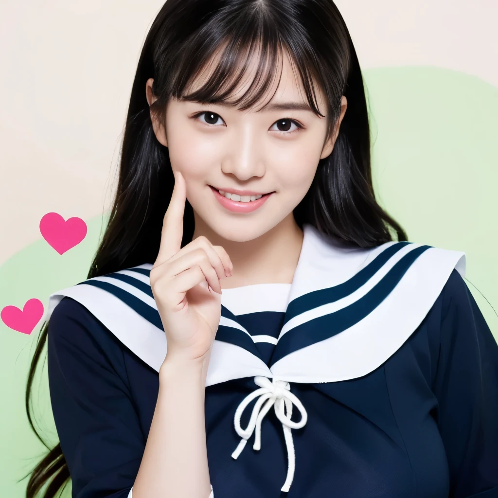 女の子1 person, alone, highest quality, 8k, Japanese women photos, 17 years old, kindergarten teacher, 長くてストレートなBlack Hair,, ((Plump)), ((Big Breasts)),Sailor suit,Sailor suit,, The best smile,Grow eyes, Shining happiness, Caring personality, Sweet feminine aura, Calm but firm attitude, Lightly freckled cheeks, A spirit of warmth and joy, Discreet and perfect for class,Eyes that shine with devotion, a humble and dedicated kindergarten teacher, 1 person,超Big Breasts,Big Breasts,Sailor suit,mini skirt,Black HairのストレートLong Hair,Long Hair,Black Hair,17 years old,valley,My chest is about to burst,Cute pose,Cute pose,Purikura,Purikura,Finger Heart,The whole body was photographed,The whole body was reflected,Leather shoes,Solid green background,Solid green background,Green background