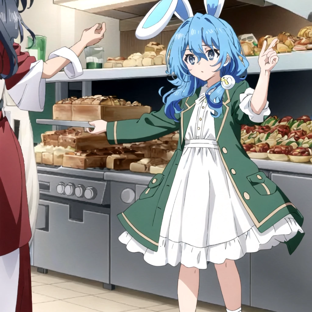 high resolution,high quality,High resolution,Anime Style,Beautiful images,Clear images,Realistic images,Green footwear, Cute Girls, figure,,whole body（from head to toe）, Food, Animal ears, Blue Hair, animal Food, blue eyes, alone, Long Hair, Bunny ears, boots, dress, Long sleeve, Open clothes, white dress, Hair between the eyes, bangs, Jacket, ribbon, Sleeves are longer than the wrist, socks, Food up, coat, rabbit Food, 