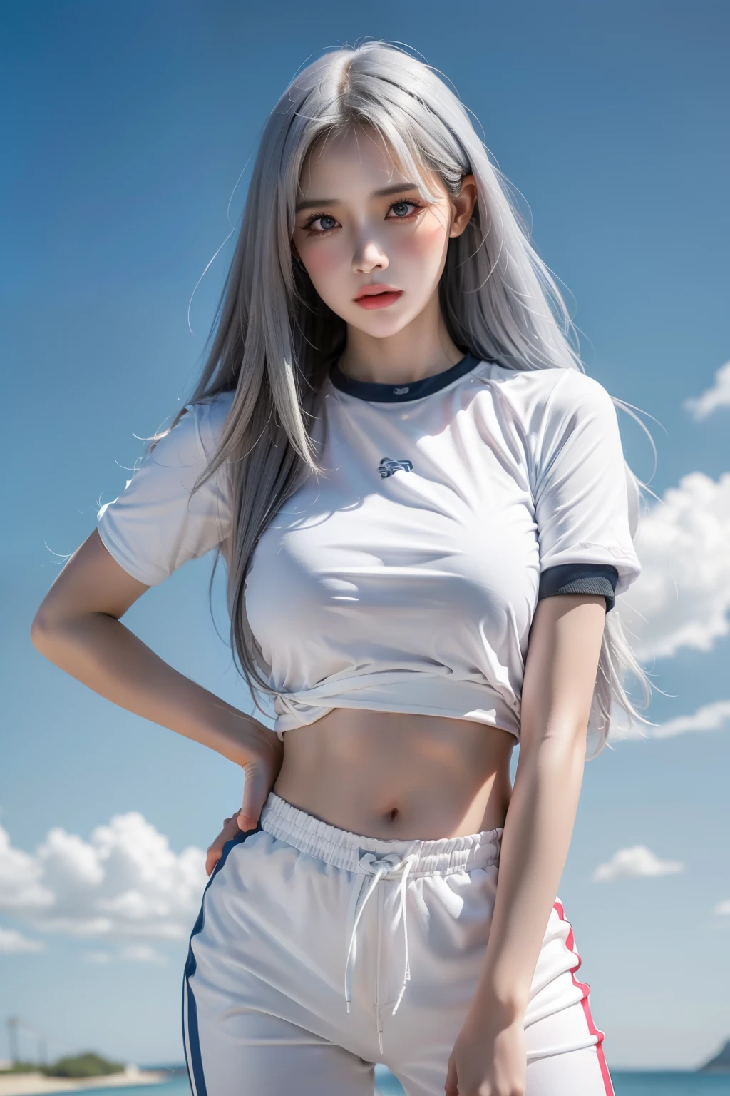 Realistic, High resolution, 1 Female, Glowing Skin, alone, wide lips,Long Hair,Straight Hair,Saggy breasts,Small face,White Hair,Color Contact Lenses,Training shirt,Sweat pants,Full body outfit,World Heritage Sites as a Background,noon,blue sky,Big Breasts,Large Breasts
