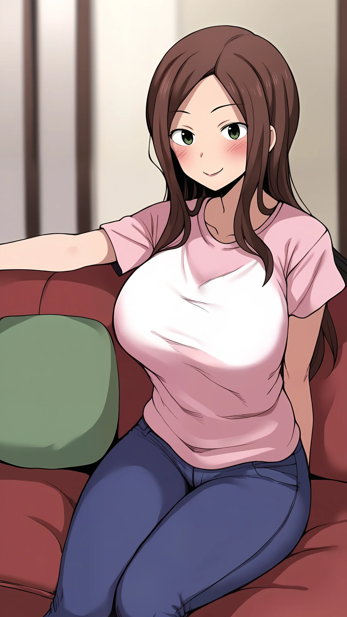 score_9,style by terasu mc BREAK,blurry background,mori_kaede_\(terasu_mc\), brown hair, green eyes, loose hair, large breasts, pink t-shirt, jeans, blushing:1.3, smiling, sitting on couch, close shot, crotch, thighs