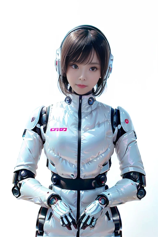 A girl in a futuristic bright white heavily armored robot suit takes a photo、perfect android girl, Female cyborg body, Perfect anime cyborg woman, Beautiful female android!, Female Robot, completely robot!! girl, Cute cyborg girl, Cyber Suit, Girl wearing mecha cybernetic armor, Cyber Suit, beutiful white girl cyborg, Beautiful female android, Beautiful girl cyborg、Cute cyborg girl with short bob hair、Beautiful android sculpture model、(Laughter)、((Rounded, white, sturdy armor))、(((Equipped with long sensor antennas on both ears)))、(((Robot Girl)))、(((Android girls)))、