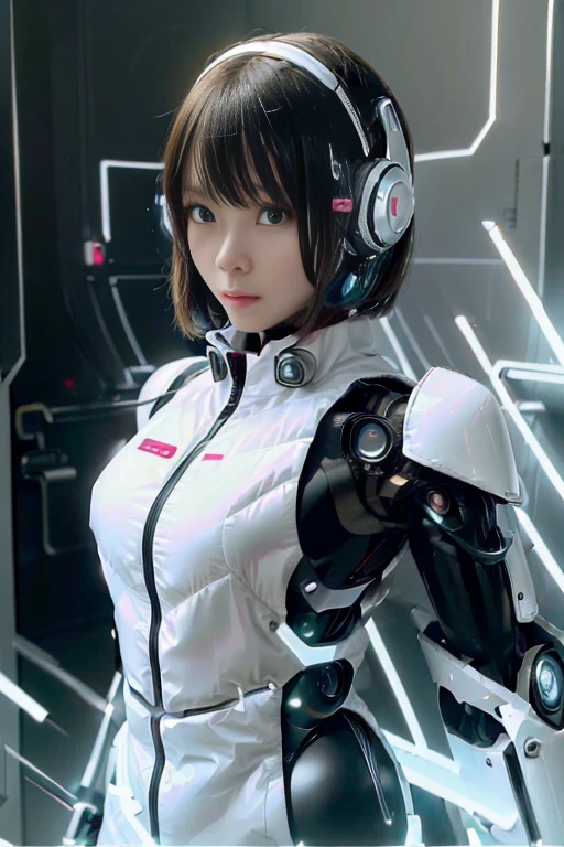 A girl in a futuristic bright white heavily armored robot suit takes a photo、perfect android girl, Female cyborg body, Perfect anime cyborg woman, Beautiful female android!, Female Robot, completely robot!! girl, Cute cyborg girl, Cyber Suit, Girl wearing mecha cybernetic armor, Cyber Suit, beutiful white girl cyborg, Beautiful female android, Beautiful girl cyborg、Cute cyborg girl with short bob hair、Beautiful android sculpture model、(Laughter)、((Rounded, white, sturdy armor))、(((Equipped with long sensor antennas on both ears)))、(((Robot Girl)))、(((Android girls)))、