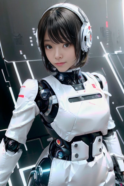 A girl in a futuristic bright white heavily armored robot suit takes a photo、perfect android girl, Female cyborg body, Perfect anime cyborg woman, Beautiful female android!, Female Robot, completely robot!! girl, Cute cyborg girl, Cyber Suit, Girl wearing mecha cybernetic armor, Cyber Suit, beutiful white girl cyborg, Beautiful female android, Beautiful girl cyborg、Cute cyborg girl with short bob hair、Beautiful android sculpture model、(Laughter)、((Rounded, white, sturdy armor))、(((Equipped with long sensor antennas on both ears)))、(((Robot Girl)))、(((Android girls)))、