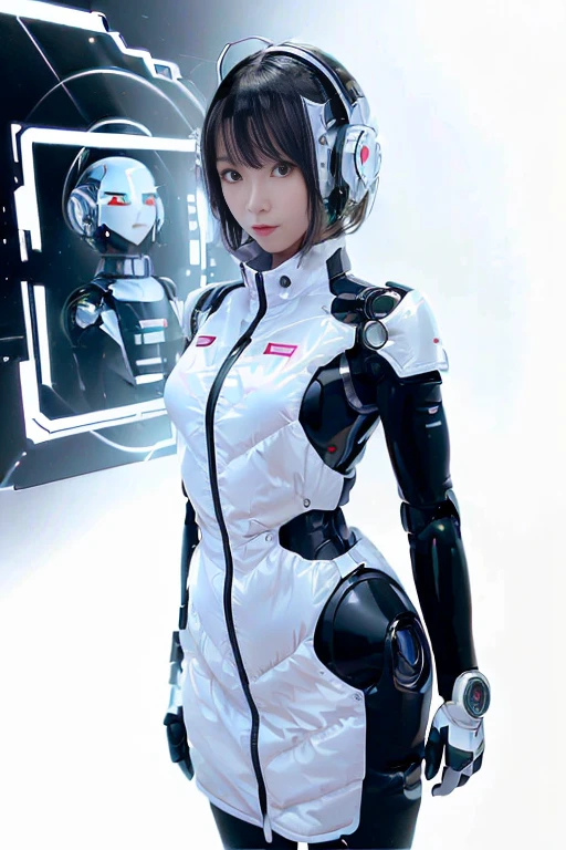 A girl in a futuristic bright white heavily armored robot suit takes a photo、perfect android girl, Female cyborg body, Perfect anime cyborg woman, Beautiful female android!, Female Robot, completely robot!! girl, Cute cyborg girl, Cyber Suit, Girl wearing mecha cybernetic armor, Cyber Suit, beutiful white girl cyborg, Beautiful female android, Beautiful girl cyborg、Cute cyborg girl with short bob hair、Beautiful android sculpture model、(Laughter)、((Rounded, white, sturdy armor))、(((Equipped with long sensor antennas on both ears)))、(((Robot Girl)))、(((Android girls)))、