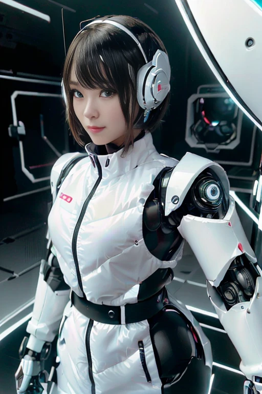 A girl in a futuristic bright white heavily armored robot suit takes a photo、perfect android girl, Female cyborg body, Perfect anime cyborg woman, Beautiful female android!, Female Robot, completely robot!! girl, Cute cyborg girl, Cyber Suit, Girl wearing mecha cybernetic armor, Cyber Suit, beutiful white girl cyborg, Beautiful female android, Beautiful girl cyborg、Cute cyborg girl with short bob hair、Beautiful android sculpture model、(Laughter)、((Rounded, white, sturdy armor))、(((Equipped with long sensor antennas on both ears)))、(((Robot Girl)))、(((Android girls)))、