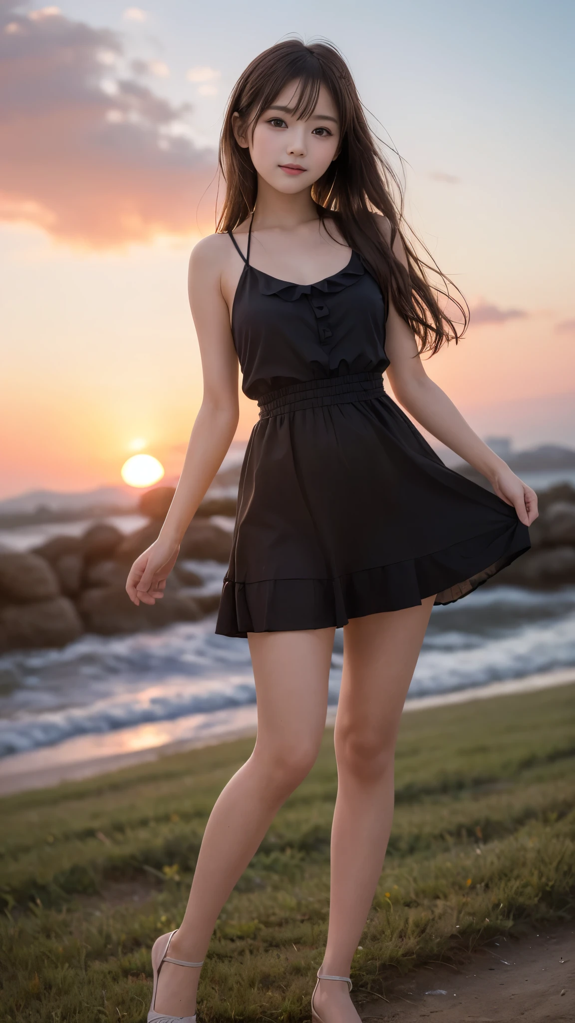 ((A fantastic sunset against the backdrop of a World Heritage site:1.3)), ( beautiful girl:1.4, Baby Face:1.6), ((from the front:1.3)), (Japanese Idol), ((Idol Face:1.3)), (Happy smile), (((whole body:1.3))), (Tulle skirt:1.3, Lightweight dress:1.2), (Beautiful thighs), (Elegant shoes:1.2), (Small beautiful butt), Beaul Hair, Smooth and shiny hair, (Twin tails), (High color saturation:1.0), (Highly detailed skin), (超 high resolution:1.1), (Like the picture:1.1), (Ultra-detailed:1.1), (highest quality, 8k, RAW Photos:1.1), ((Small breasts, Very seasts)), (Small and figure), (Slender body line), (Detailed eyes and face:1.3), (Detailed hands and legs:1.3), (Perfect Anatomy:1.4), (Open standing pose:1.3), ((Hair blowing in the wind:1.3)), (Gaze at the viewer:1.2)