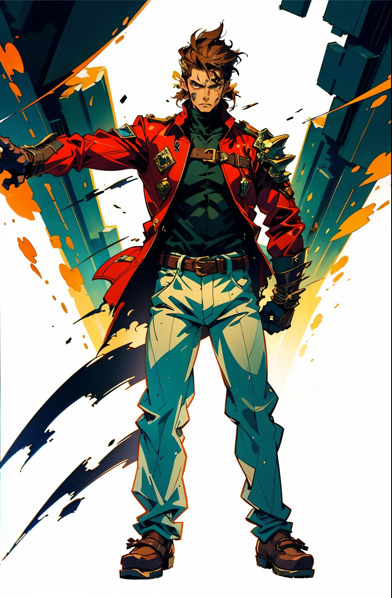 A man with brown disheveled and bristling hair, sharp eyes, a dignified expression, two green war marks on his face, a fantasy-style tattered brown coat with one sleeve torn, a black sleeveless undershirt, a red cloth belt around his waist, light-colored trousers, thick cloth shoes, a strong aura surrounds him, stands in a fantastical canyon cave, this character embodies a finely crafted fantasy-style practitioner in anime style, exquisite and mature manga art style, dramatic, high definition, best quality, highres, ultra-detailed, ultra-fine painting, extremely delicate, professional, perfect body proportions, golden ratio, anatomically correct, symmetrical face, extremely detailed eyes and face, high quality eyes, creativity, RAW photo, UHD, 32k, Natural light, cinematic lighting, masterpiece-anatomy-perfect, masterpiece:1.5