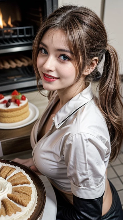 (dynamic angle:1.3, front view:1.1, breast focus:1.3, from above:1.1), (dynamic posing:1.2, sexy posing:1.2), (seductive smiling:1.3), ((looking at cake,Taking a cake out of the golden oven, worried about the outcome:1.2)),highest quality、(real、photorealistic:1.4),(ultra high resolution, 8K RAW photo, clear focus), best qualtiy, natural lighting, field depth, (Bright pupils, detailed beautiful eyes, high detailed face), Red lip, (tight focus:1.2), a girl 22yo old, Wearing a pastry chef uniform:1.3 , Thicc, thin breast, long hair, blue eyes,garter stocking, cleavage:1.2, midriff, black shorts, black thighhighs, thigh strap, pretty girl, (highly detailed beautiful face and eyes,firm breasts),real skin,((black,hair,long pony tail hair)),thin pubic hair,cute,lovely, detailed eyes,(double breasted:1.0,under bust:1.0),(with sparkling eyes and a contagious smile),open mouth, Looking at Viewer,A scene of cooking in the kitchen,looking at the golden oven
