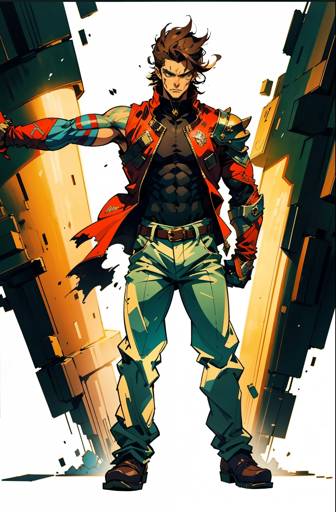 A man with brown disheveled and bristling hair, sharp eyes, a dignified expression, two green war marks on his face, a fantasy-style tattered brown coat with one sleeve torn, a black sleeveless undershirt, a red cloth belt around his waist, light-colored trousers, thick cloth shoes, a strong aura surrounds him, stands in a fantastical canyon cave, this character embodies a finely crafted fantasy-style practitioner in anime style, exquisite and mature manga art style, dramatic, high definition, best quality, highres, ultra-detailed, ultra-fine painting, extremely delicate, professional, perfect body proportions, golden ratio, anatomically correct, symmetrical face, extremely detailed eyes and face, high quality eyes, creativity, RAW photo, UHD, 32k, Natural light, cinematic lighting, masterpiece-anatomy-perfect, masterpiece:1.5