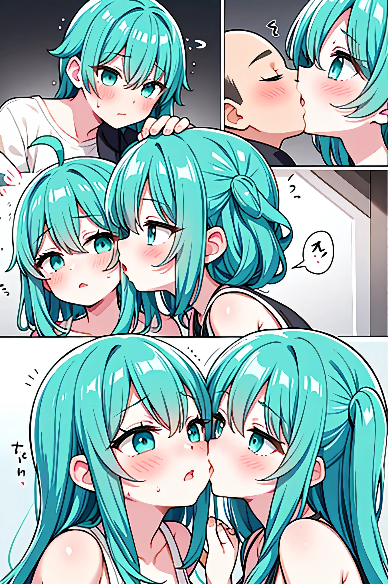 masterpiece, highres, , embarrassed, ahoge, curly, aqua hair, aqua eyes, man, fat, sweat, ((kiss)), (kissing her face), 1boy 1girl kiss, oral invitation