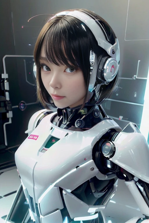 A girl in a futuristic bright white heavily armored robot suit takes a photo、perfect android girl, Female cyborg body, Perfect anime cyborg woman, Beautiful female android!, Female Robot, completely robot!! girl, Cute cyborg girl, Cyber Suit, Girl wearing mecha cybernetic armor, Cyber Suit, beutiful white girl cyborg, Beautiful female android, Beautiful girl cyborg、Cute cyborg girl with short bob hair、Beautiful android sculpture model、(Laughter)、((Rounded, white, sturdy armor))、(((Equipped with long sensor antennas on both ears)))、(((Robot Girl)))、(((Android girls)))、