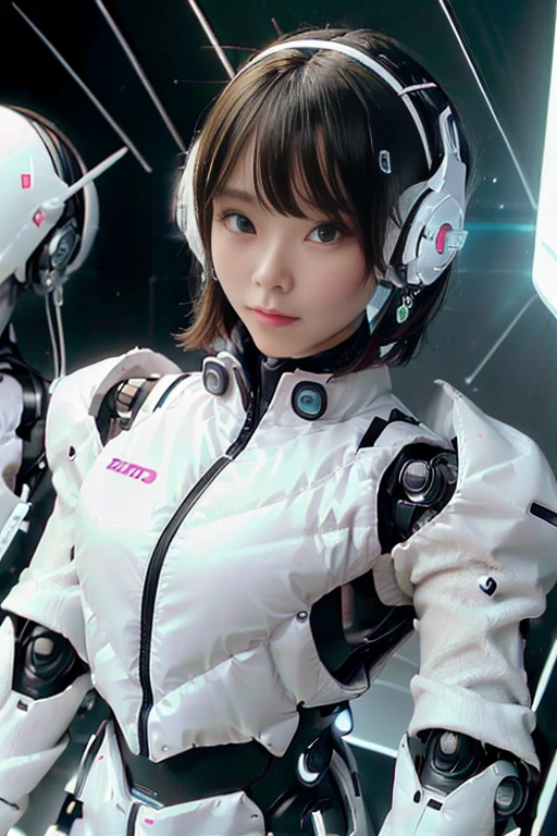 A girl in a futuristic bright white heavily armored robot suit takes a photo、perfect android girl, Female cyborg body, Perfect anime cyborg woman, Beautiful female android!, Female Robot, completely robot!! girl, Cute cyborg girl, Cyber Suit, Girl wearing mecha cybernetic armor, Cyber Suit, beutiful white girl cyborg, Beautiful female android, Beautiful girl cyborg、Cute cyborg girl with short bob hair、Beautiful android sculpture model、(Laughter)、((Rounded, white, sturdy armor))、(((Equipped with long sensor antennas on both ears)))、(((Robot Girl)))、(((Android girls)))、