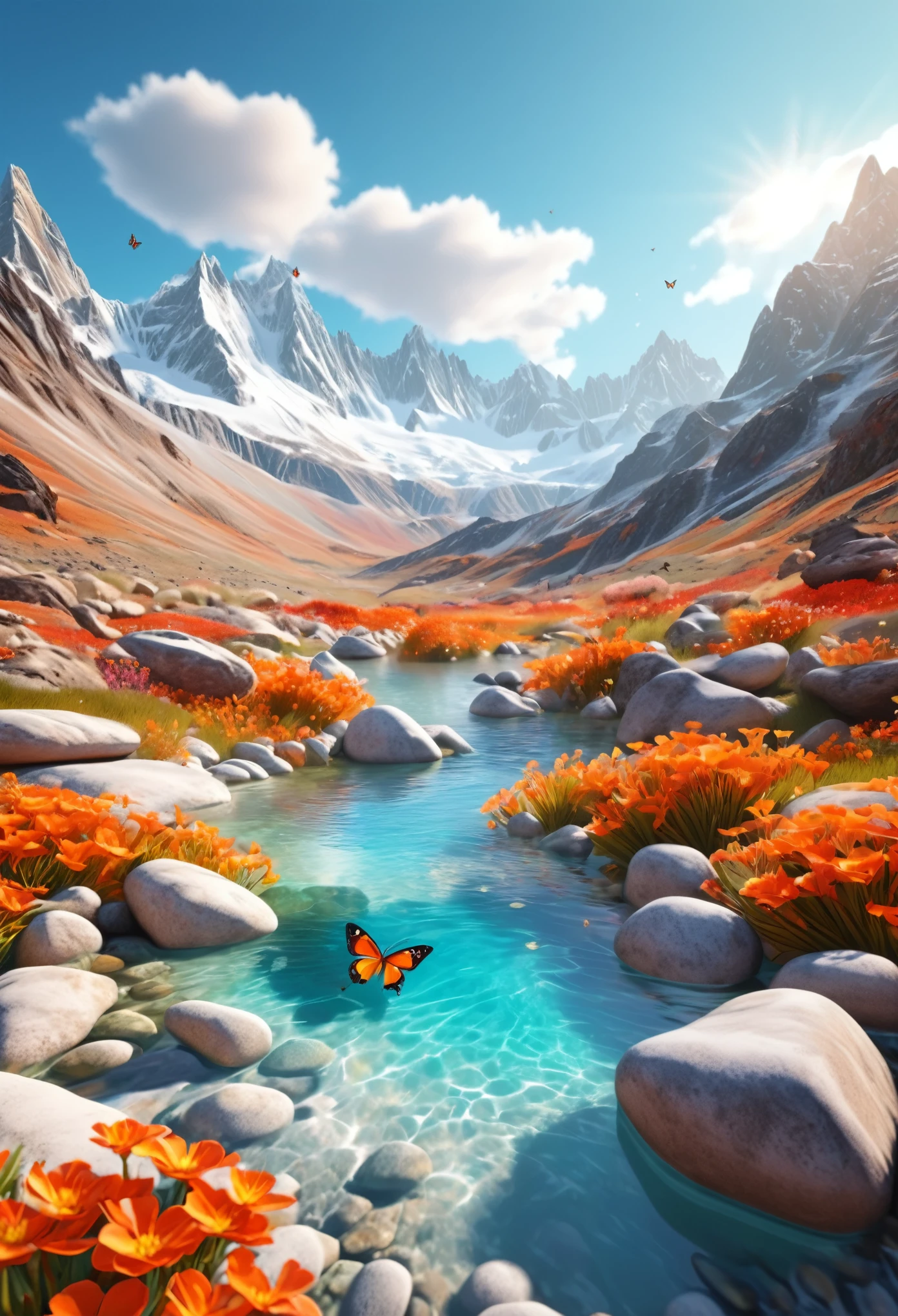 snowy mountains behind a valley. transparent water. bright flowers. intense colours. stones. butterflies. clouds. full midday sun. soft orange light. ranges of red. 3d rendering. ultrarealistic. high contrast. vibrant colors. deer and butterflies